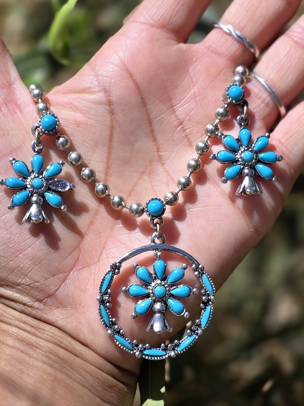 Amazing costume faux turquoise and silvertone squash blossom necklace